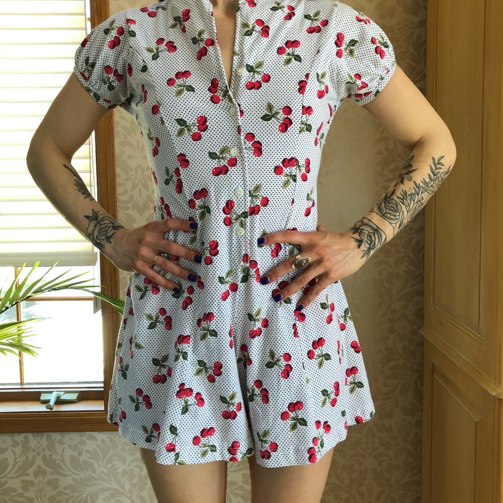 Vintage cherry and polka dot romper